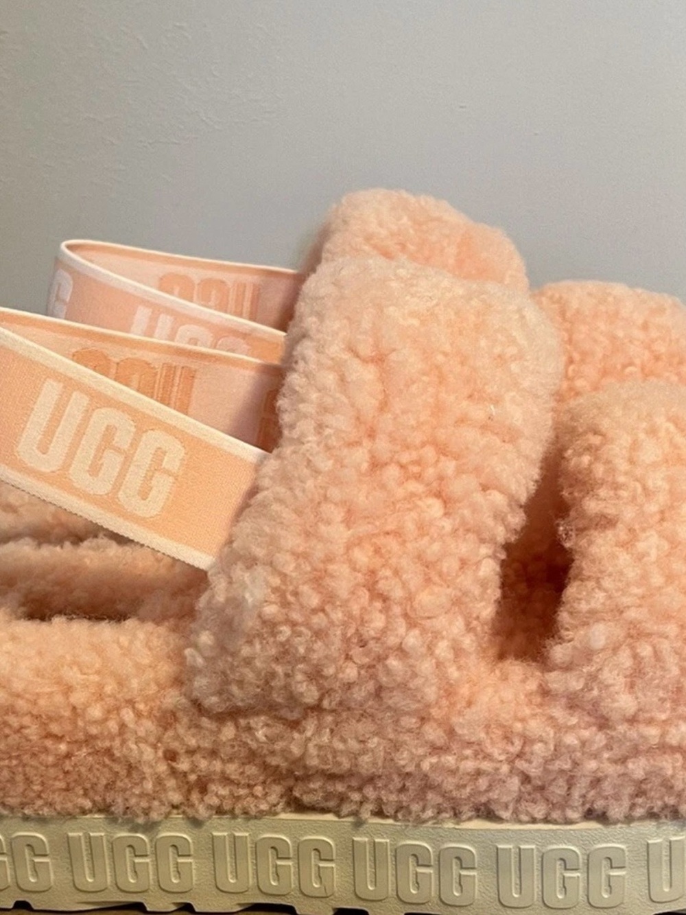 UGG Peach Sherpa Band Slide with Logo Strap